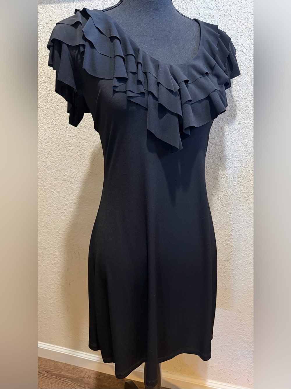 Enfocus Studio Black Ruffle Scoop Neck Mini Dress